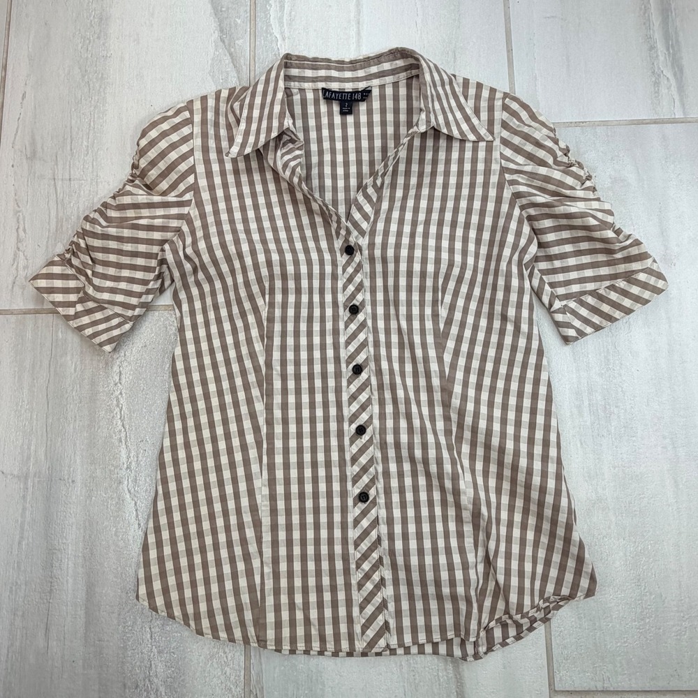 Lafayette 148 New York Tan White Gingham Ruched Short Sleeve Blouse Size 2